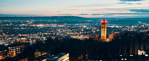 The Bristol skyline including Cabot Tower lit up at night